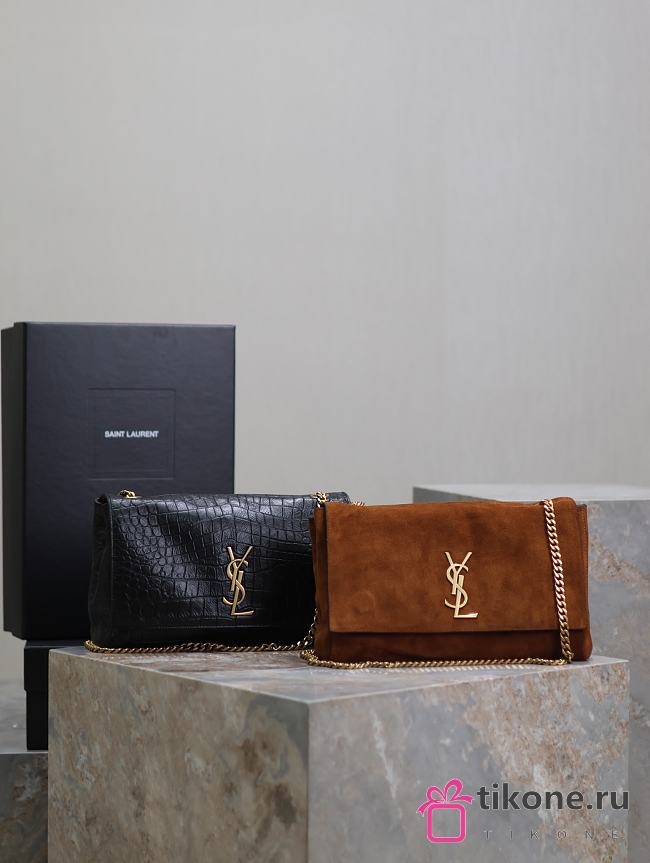 Ysl Kate Medium Chain Bag In Suede And  Crocodile-Embossed Leather Black - 24x5x14.5cm - 1