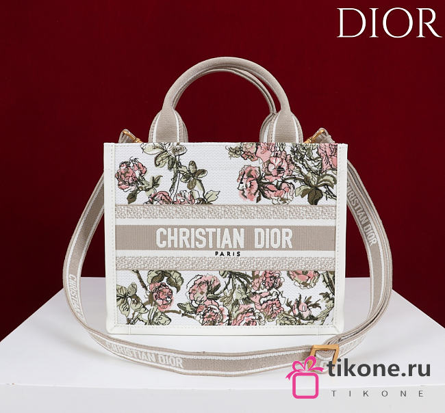 Small Dior Book Tote Multicolor Rosier de Dior Embroidery and Latte Calfskin - 26.5x22x14cm - 1