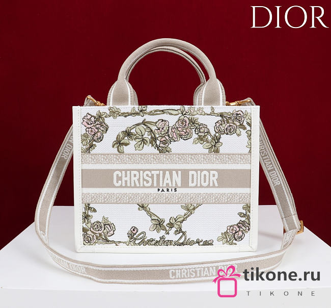 Small Dior Book Tote Multicolor Amour de Roses Embroidery and Latte Calfskin - 26.5x22x14cm - 1