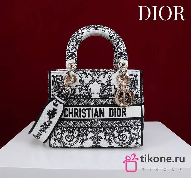 Dior Medium Lady D-Lite Bag Black and White Dioresque Butterfly Cornely Embroidery - 24x21x12cm - 1