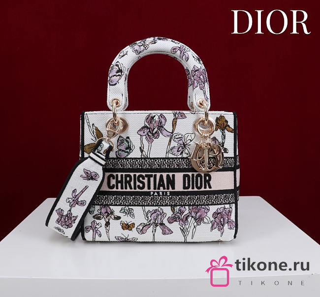 Dior Medium Lady D-Lite Bag Latte Multicolor Butterflies & Iris Embroidery - 24x21x12cm - 1