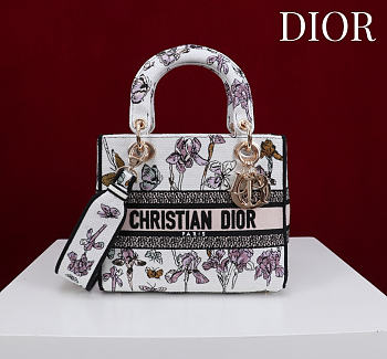Dior Medium Lady D-Lite Bag Latte Multicolor Butterflies & Iris Embroidery - 24x21x12cm
