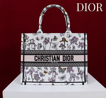 Medium Dior Book Tote Latte Multicolor Butterflies & Iris Embroidery - 36x27.5x16.5cm