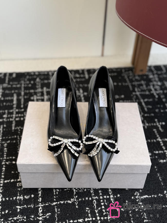 Jimmy Choo Auria 70 Black Soft Spazzolato Pumps with Velvet and Crystal Bow - 1