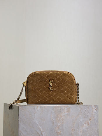 YSL Gaby Zipped Pouch In Quilted Suede Brown - 19x12x3cm