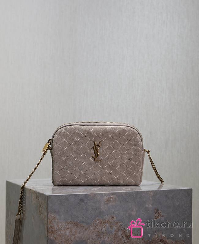 YSL Gaby Zipped Pouch In Quilted Suede Gray - 19x12x3cm - 1