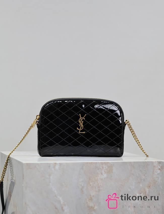 YSL Gaby Zipped Pouch In Quilted Patent Black - 19x12x3cm - 1