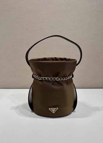 Prada Petit Sac Noir Mini Re-Nylon And Nappa Leather Bucket Bag Brown 1BE088 - 10x15x6cm