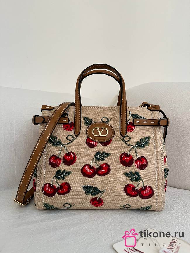 Valentino Garavani Antibes Small Shopping Bag In Jacquard Raffia With Cherryfic Pattern - 22x19x12cm - 1
