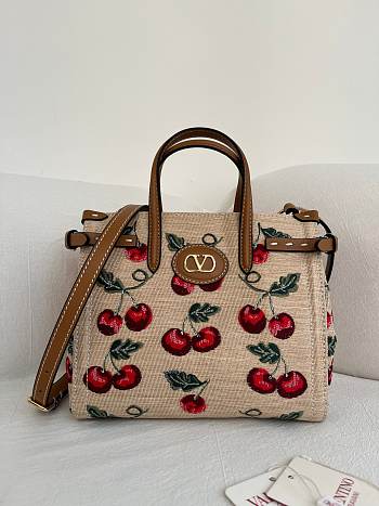 Valentino Garavani Antibes Small Shopping Bag In Jacquard Raffia With Cherryfic Pattern - 22x19x12cm
