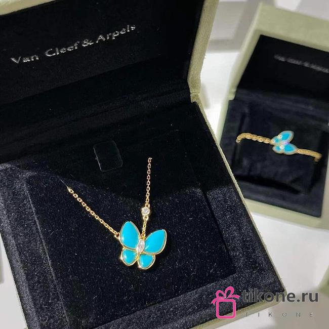 VCA Two Butterfly Pendant 18K Yellow Gold Diamond Turquoise VCARP7UP00 - 1
