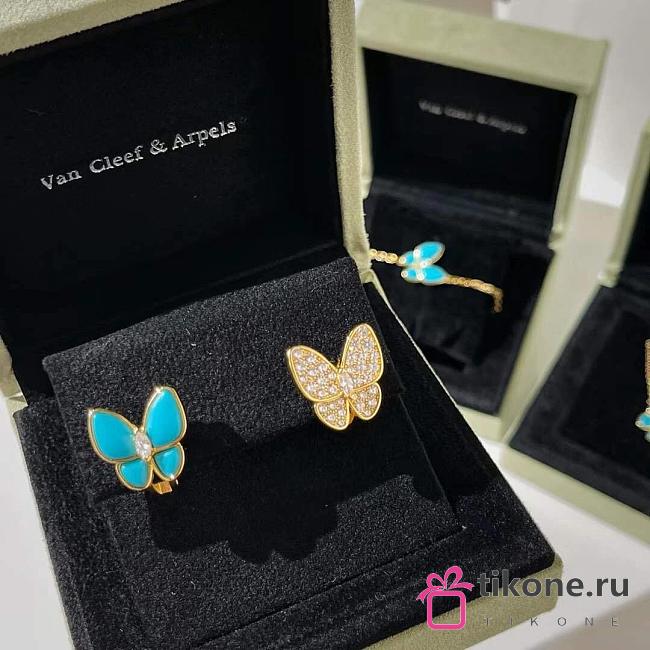 VCA Two Butterfly Earrings 18K Yellow Gold Diamond Turquoise VCARP7US00 - 1