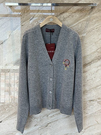 Gucci Wool Cashmere Cardigan With Embroidery In Grey