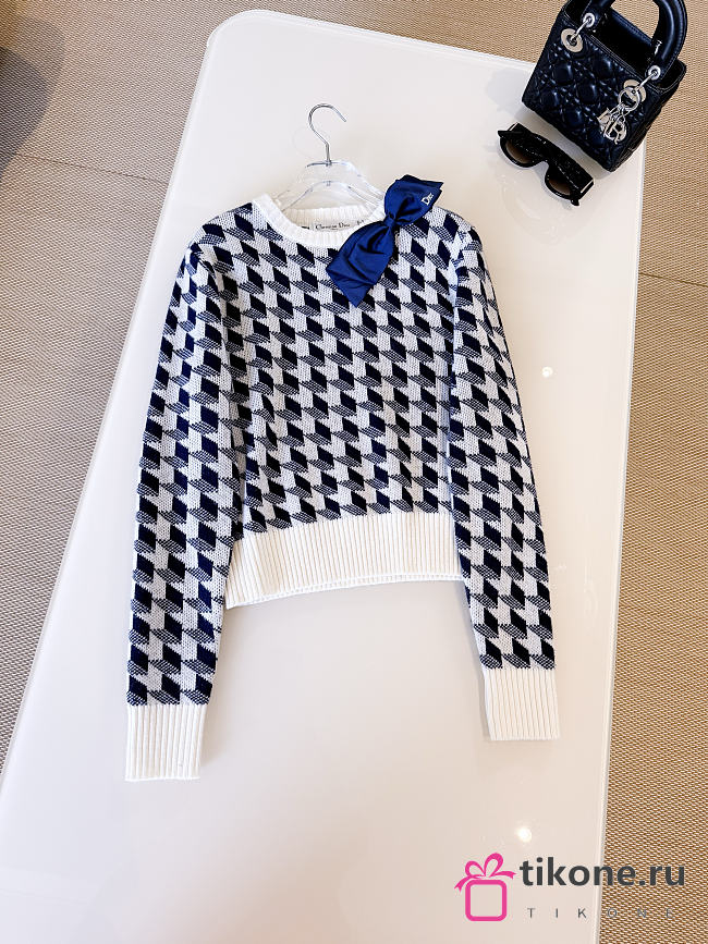 Dior Cropped Sweater Navy Blue and White Houndstooth Wool Knit  - 1
