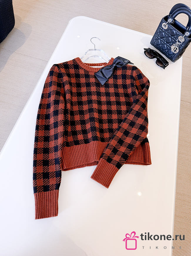 Dior Cropped Sweater Brown and Black Houndstooth Wool Knit - 1