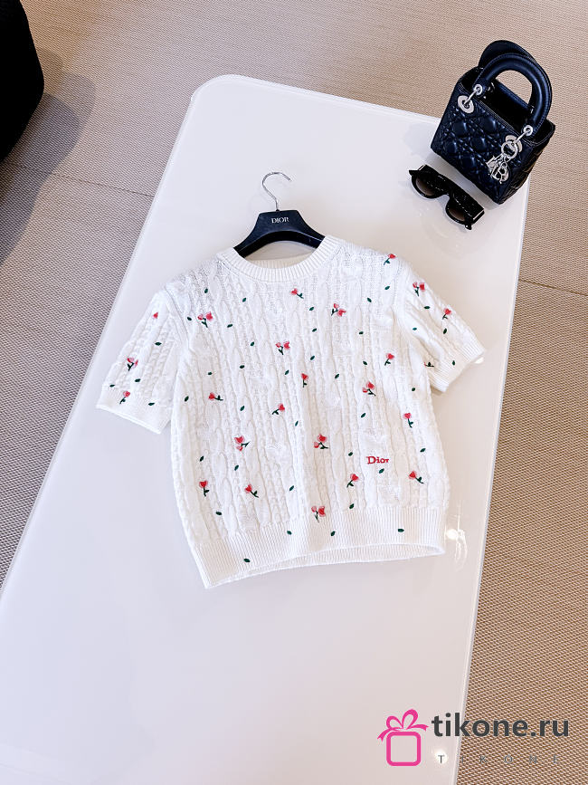 Dioramour Embroidered Short-Sleeved Sweater Ecru Cashmere Cable-Knit with Multicolor Doves & Roses Motif - 1