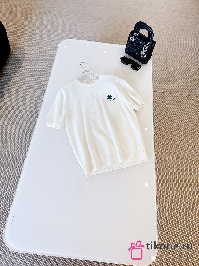Short-Sleeved Fitted Sweater White Wool Knit with Green and Black Dior Clover Signature - 1