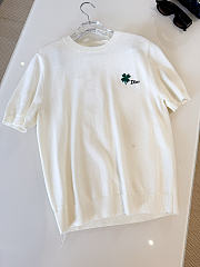 Short-Sleeved Fitted Sweater White Wool Knit with Green and Black Dior Clover Signature - 5