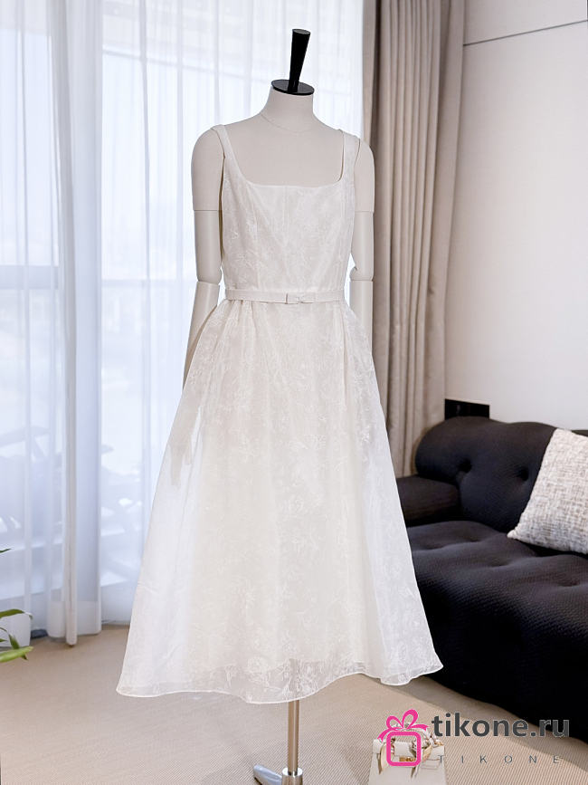 Dior Long Belted Dress Ecru Silk Organza with Millefiori Motif - 1