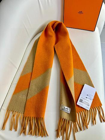 Hermes Chevron Scarf Cashmere Casaque Diamant Orange and Tan 30x150 cm