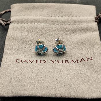 David Yurman Cable Wrap Stud Earrings Sterling Silver with Blue Topaz and Diamonds 11mm