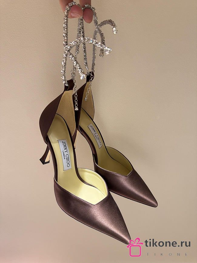 Jimmy Choo Saeda 100 Dark Brown Satin Pumps with Crystal Embellishment - 1