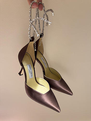 Jimmy Choo Saeda 100 Dark Brown Satin Pumps with Crystal Embellishment