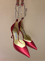 Jimmy Choo Saeda 100 Red Satin Pumps with Crystal Embellishment - 1