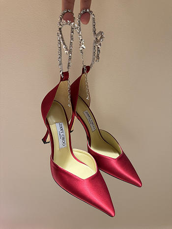 Jimmy Choo Saeda 100 Red Satin Pumps with Crystal Embellishment