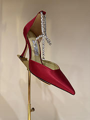 Jimmy Choo Saeda 100 Red Satin Pumps with Crystal Embellishment - 4