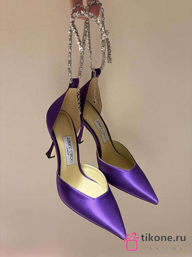 Jimmy Choo Saeda 100 Purple Satin Pumps with Crystal Embellishment - 1