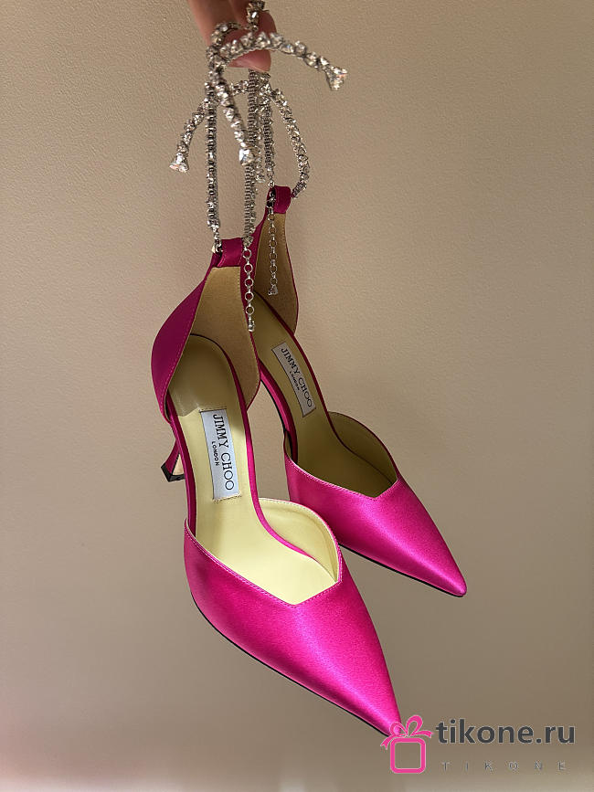 Jimmy Choo Saeda 100 Fuchsia Satin Pumps with Crystal Embellishment - 1