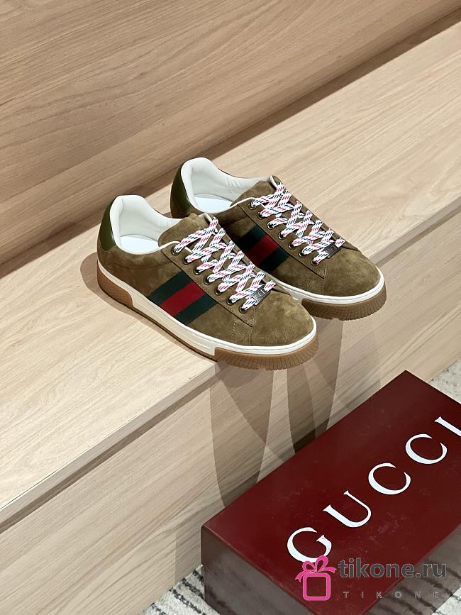 Men's Gucci Ace Sneaker with Web Forest Green Suede - 1
