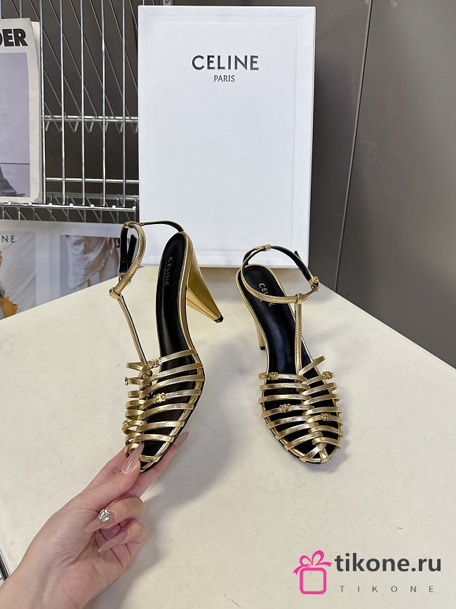 Celine Cage Strappy Sandal In Laminated Lambskin Gold 9mm - 1