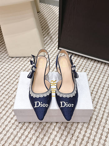 J'Adior Slingback Pump Blue Dior Oblique Embroidered Cotton and White Lace 3.5cm