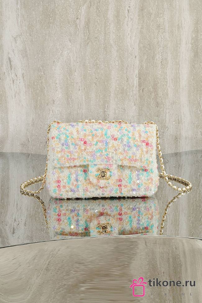 Chanel Flap Bag Tweed Gold Metal Ecru Multicolour - 21x13x8cm - 1