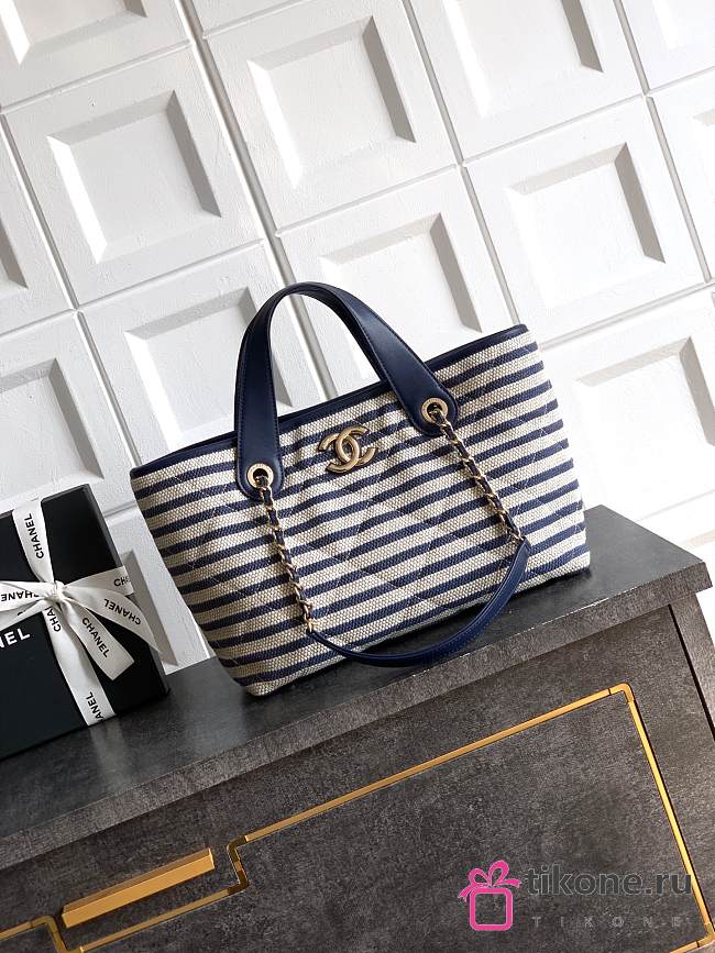Chanel Deauville Tote Striped Canvas White Navy - 36x21.5x11cm - 1
