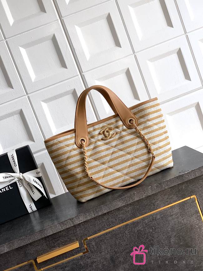 Chanel Deauville Tote Striped Canvas White Beige - 36x21.5x11cm - 1