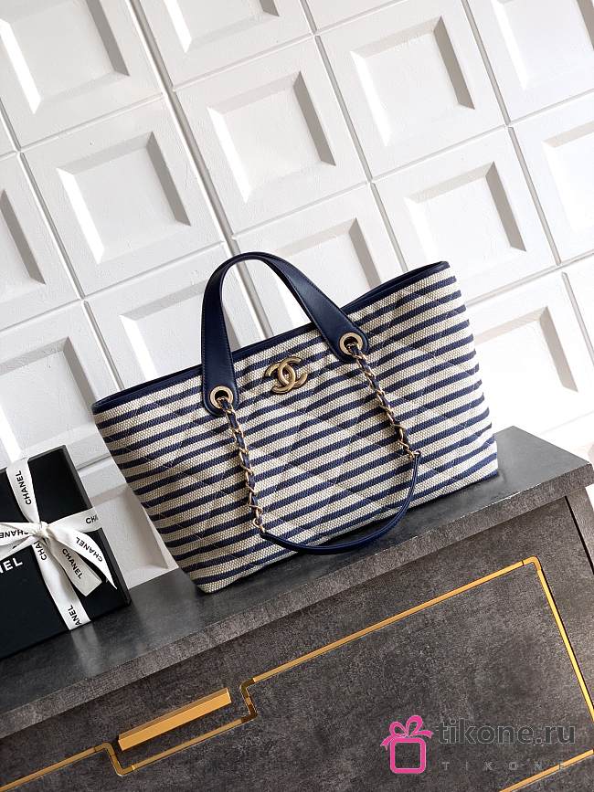Chanel Deauville Tote Striped Canvas White Navy - 46×25×13cm - 1