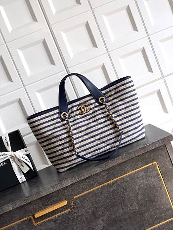 Chanel Deauville Tote Striped Canvas White Navy - 46×25×13cm