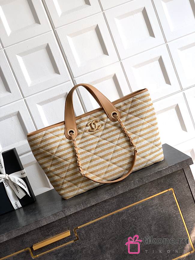 Chanel Deauville Tote Striped Canvas White Beige - 46×25×13cm - 1