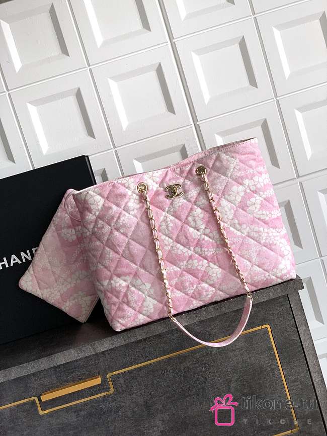 Chanel Shopping Bag Printed Denim & Gold Tone Metal Pink & White - 37x28.5x13cm - 1