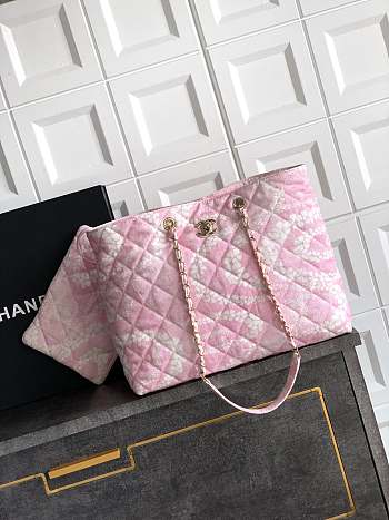 Chanel Shopping Bag Printed Denim & Gold Tone Metal Pink & White - 37x28.5x13cm