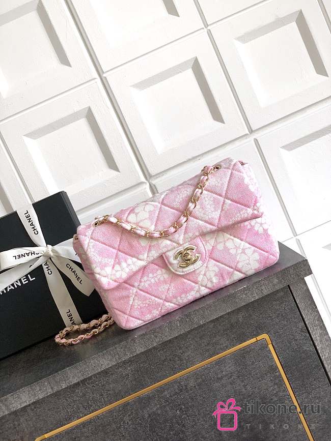 Chanel Flap Bag Printed Denim & Gold-Tone Metal White & Pink - 15x24x6.5cm - 1
