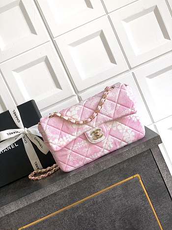 Chanel Flap Bag Printed Denim & Gold-Tone Metal White & Pink - 15x24x6.5cm