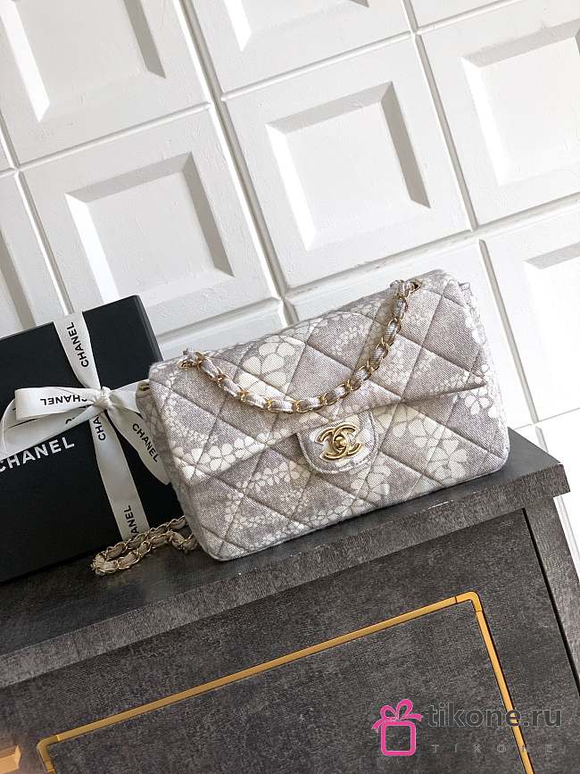 Chanel Flap Bag Printed Denim & Gold-Tone Metal White & Gray - 15x24x6.5cm - 1