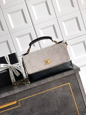 Chanel Large Flap Bag With Top Handle Suede Calfskin Shiny Lambskin & Gold Tone Metal Gray & Black - 29x18x8cm