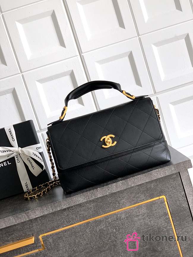 Chanel Large Flap Bag With Top Handle Shiny Lambskin & Gold Tone Metal Black - 29x18x8cm - 1