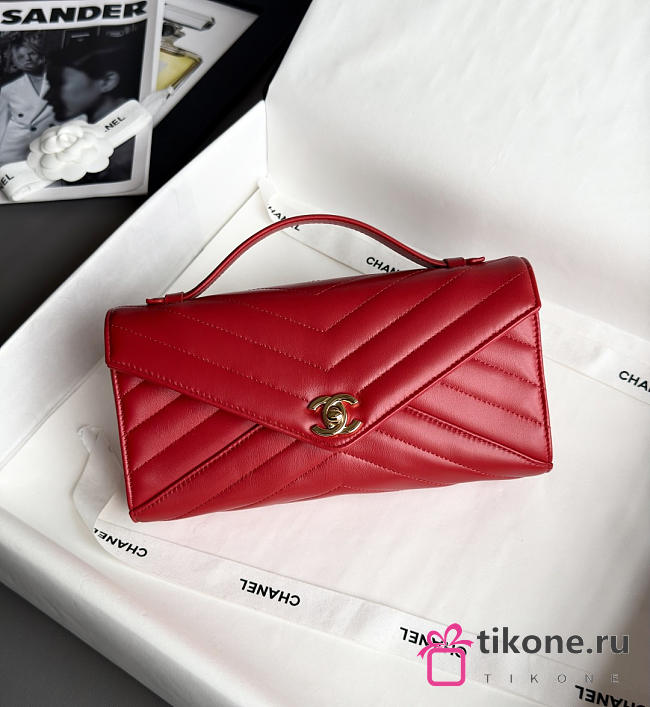 Chanel Clutch Flap Bag With Top Handle Goatskin & Gold-Tone Metal Red - 25x13x6.5cm - 1