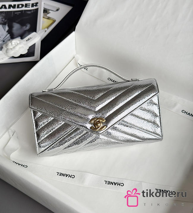 Chanel Clutch Flap Bag With Top Handle Goatskin & Gold-Tone Metal Metallic Silver - 25x13x6.5cm - 1